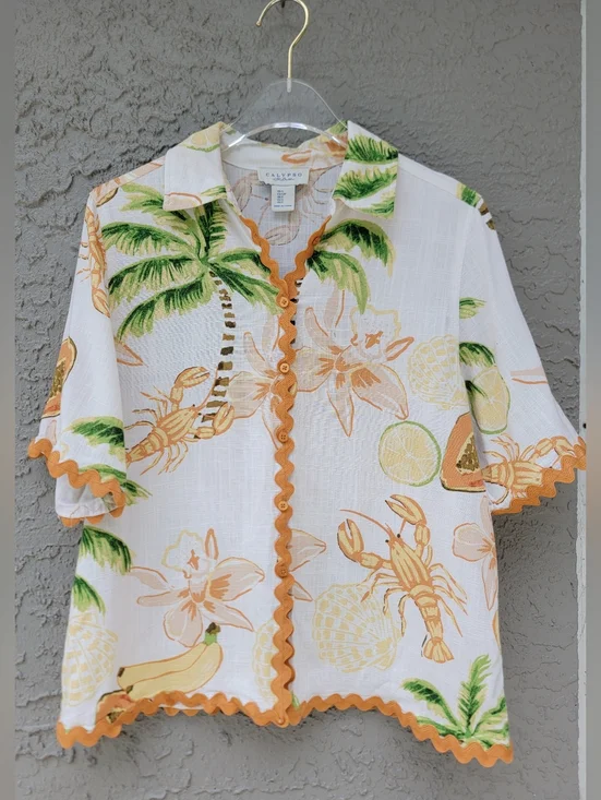 Calypso St Barts Linen Tropical Lobster Papaya Top Small boxy Relaxed - Picture 3 of 10